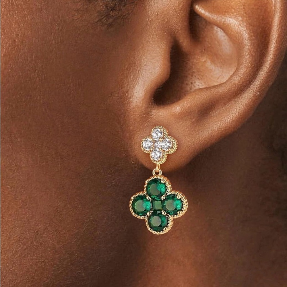 Gold Cz Green Leaf Stud Earrings